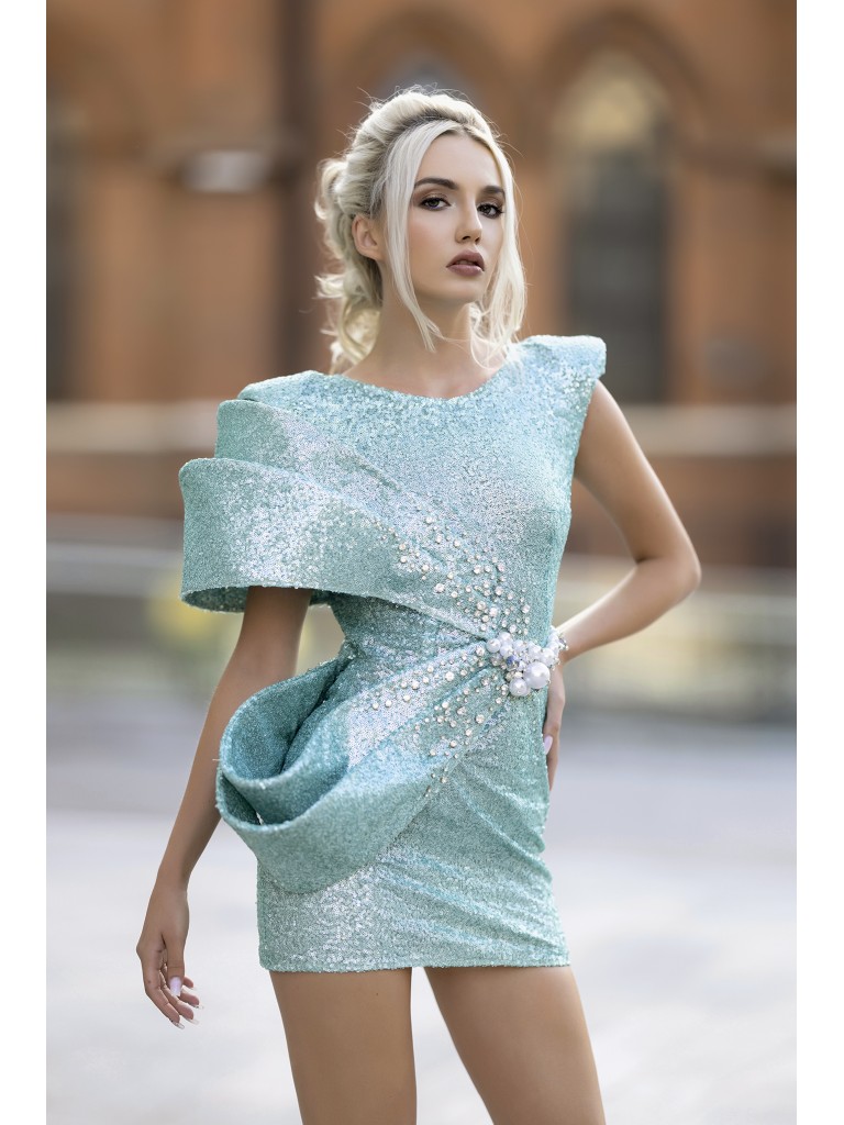 Rochie scurta turquoise din paiete mate