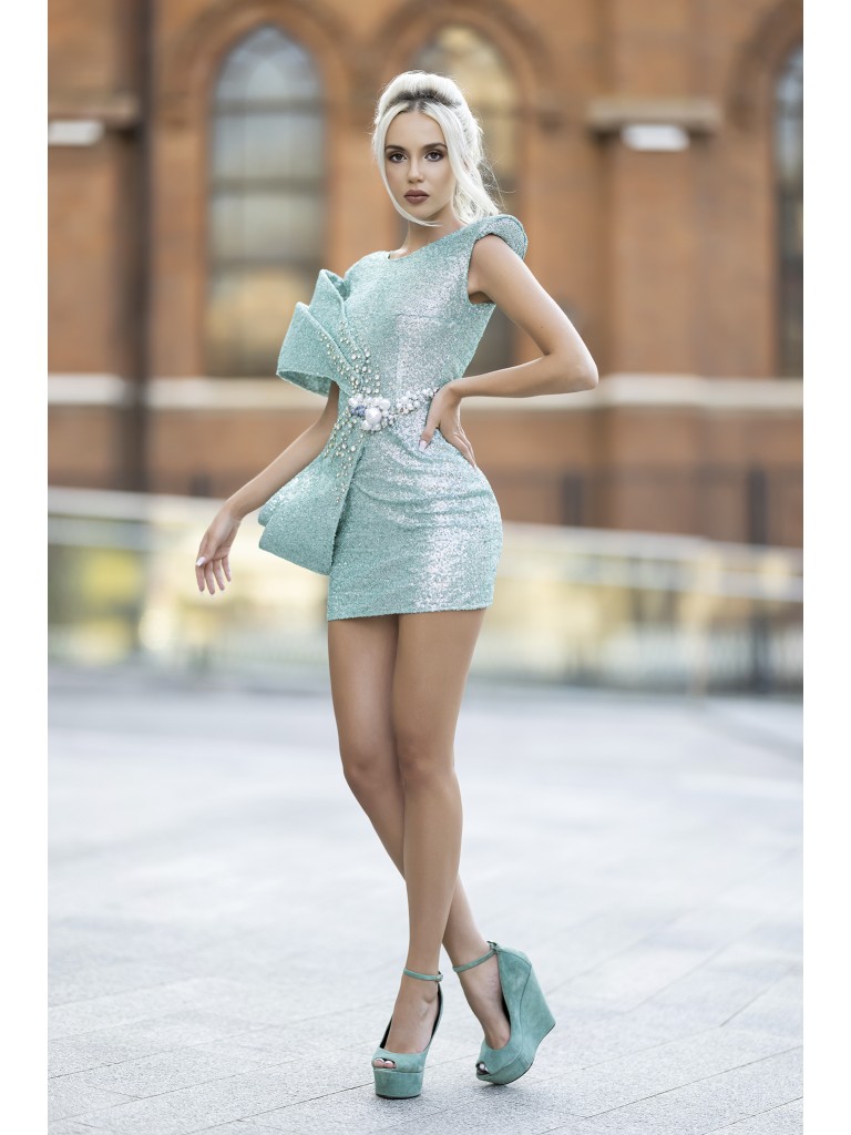 Rochie scurta turquoise din paiete mate