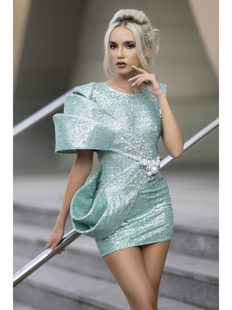 Rochie scurta turquoise din paiete mate