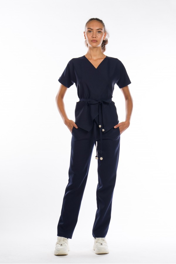      Uniforma medicala dama, Laura Olteanu, bluza petrecuta-pantaloni, bleumarin 