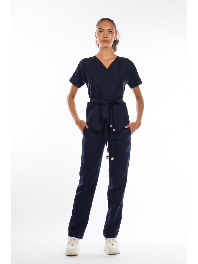 Uniforma medicala dama, Laura Olteanu, bluza petrecuta-pantaloni, bleumarin