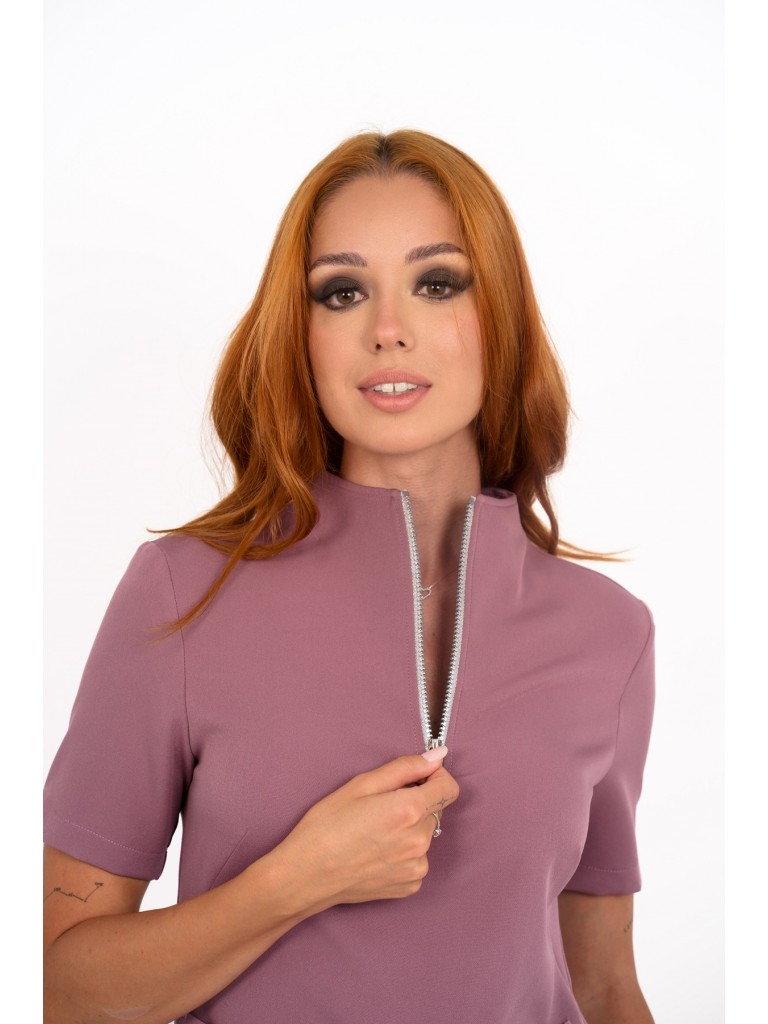Uniforma medicala dama, bluza cu fermoar-pantaloni, roz inchis