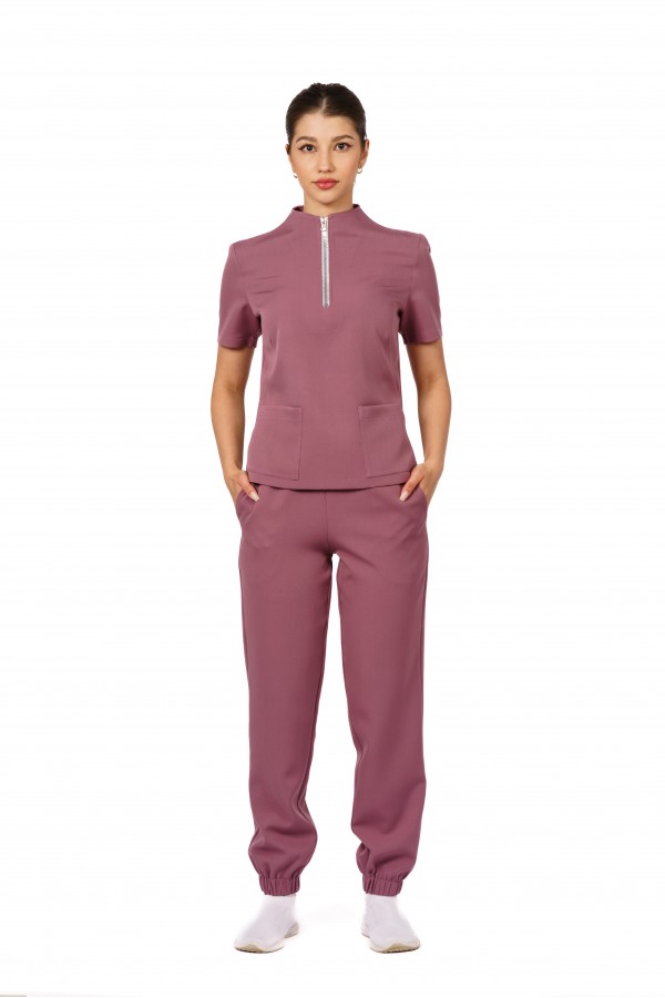 Uniforma medicala dama, bluza cu fermoar-pantaloni, roz inchis