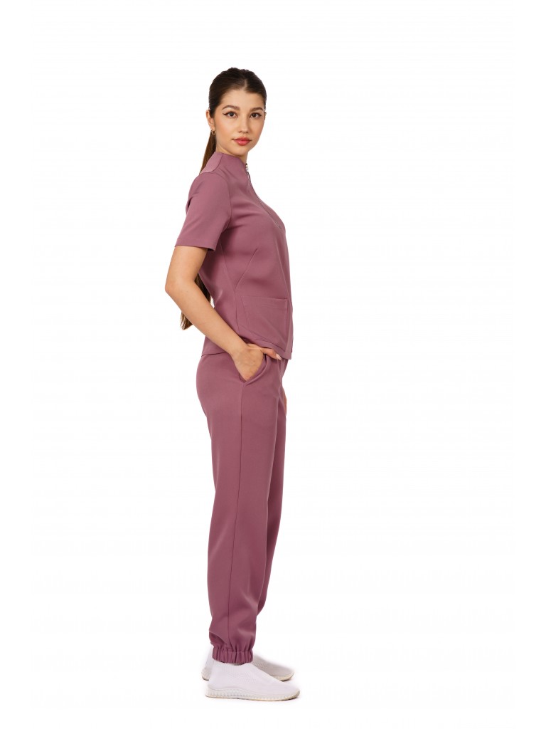 Uniforma medicala dama, bluza cu fermoar-pantaloni, roz inchis