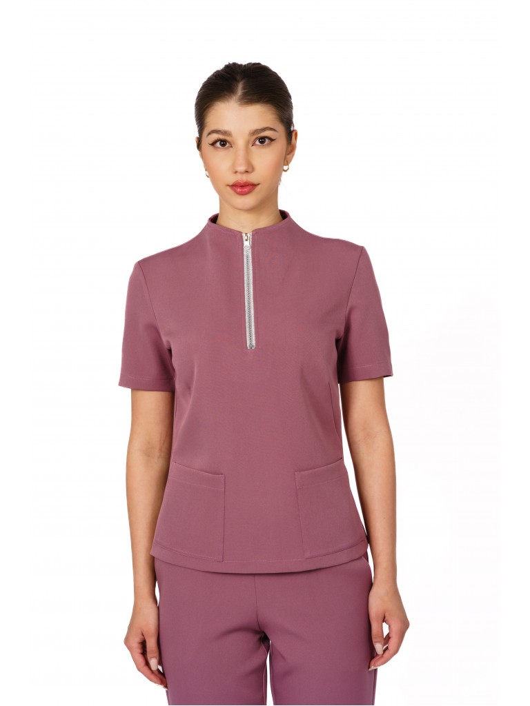 Uniforma medicala dama, bluza cu fermoar-pantaloni, roz inchis