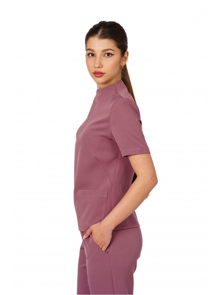 Uniforma medicala dama, bluza cu fermoar-pantaloni, roz inchis
