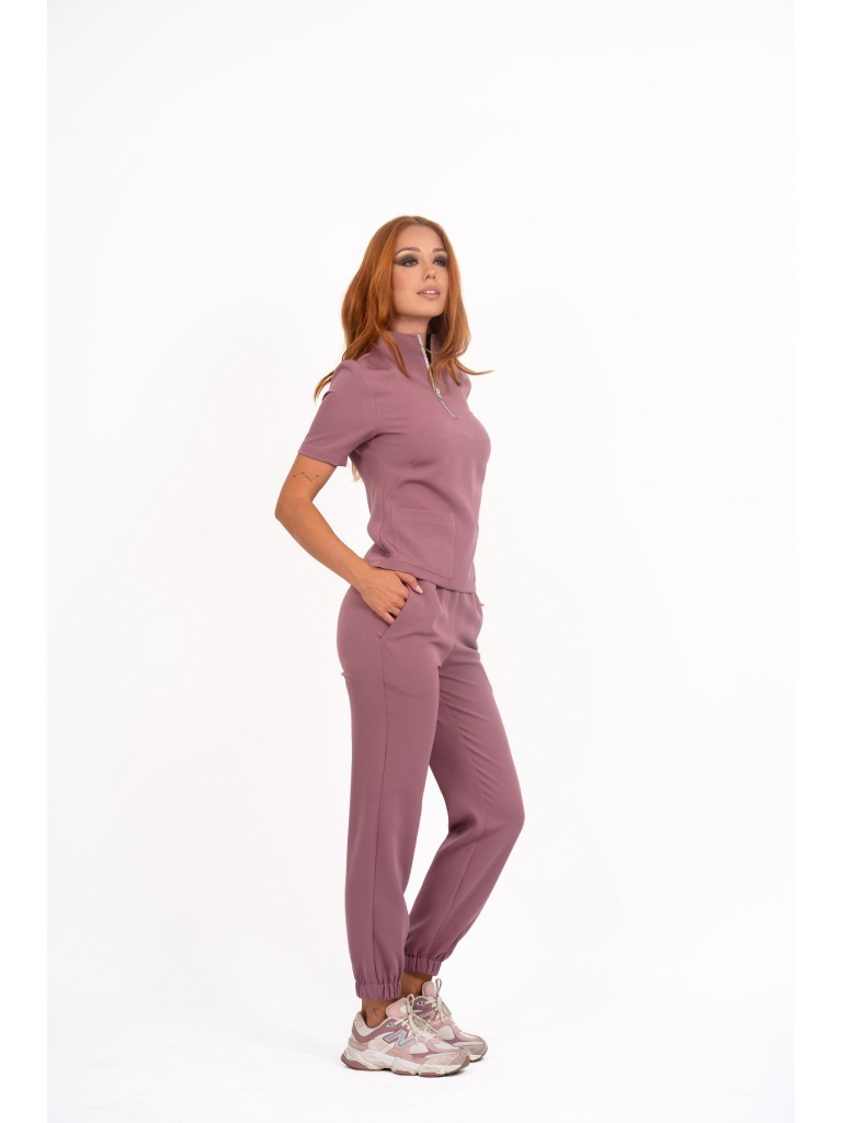 Uniforma medicala dama, bluza cu fermoar-pantaloni, roz inchis