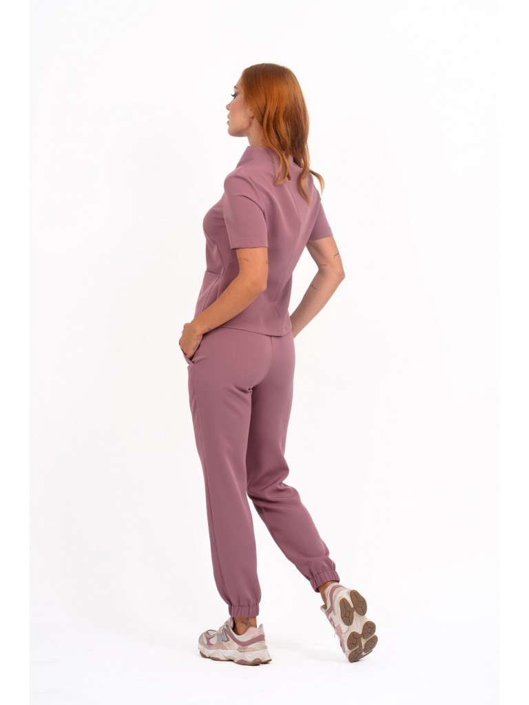 Uniforma medicala dama, bluza cu fermoar-pantaloni, roz inchis