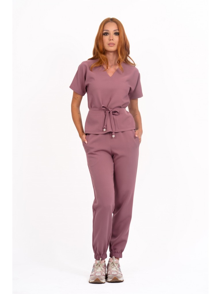Uniforma medicala dama, bluza dreapta - pantaloni, roz inchis
