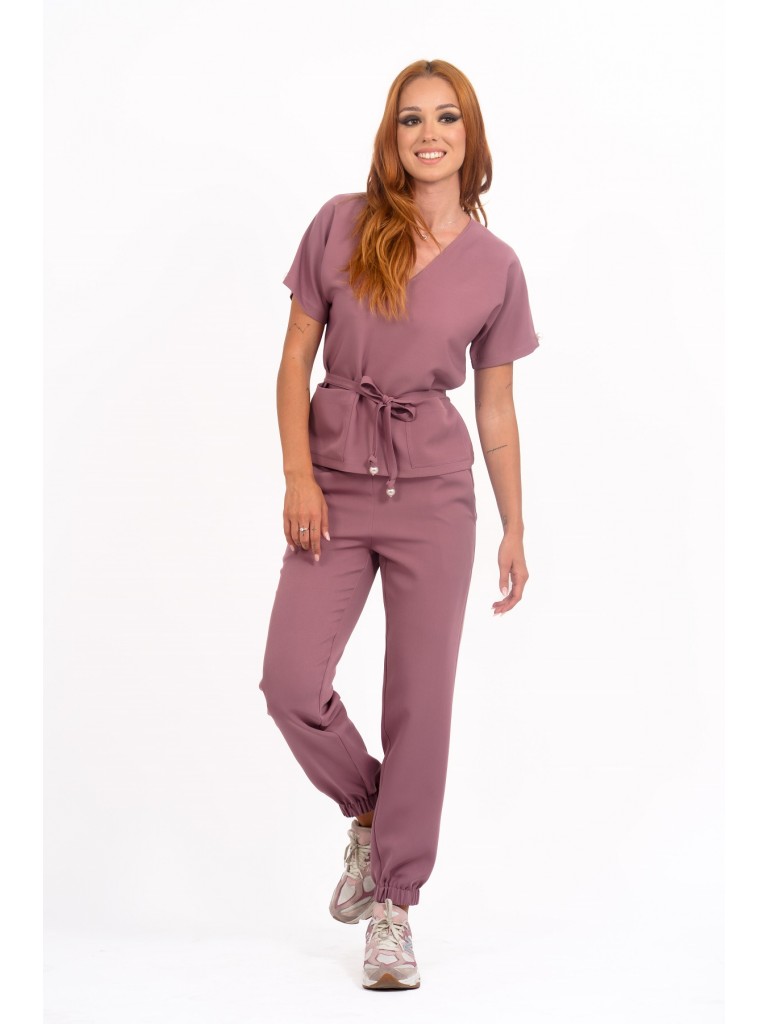 Uniforma medicala dama, bluza dreapta - pantaloni, roz inchis