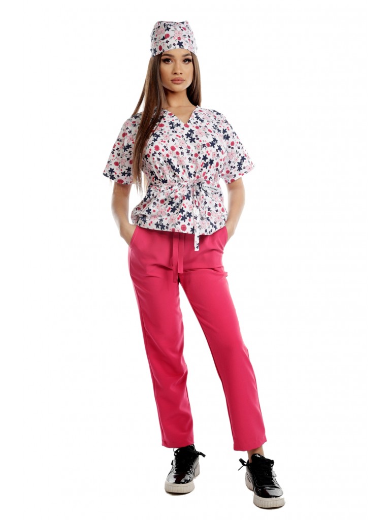 Costum medical dama, Laura Olteanu, bluza-pantalon-bandana, multicolor
