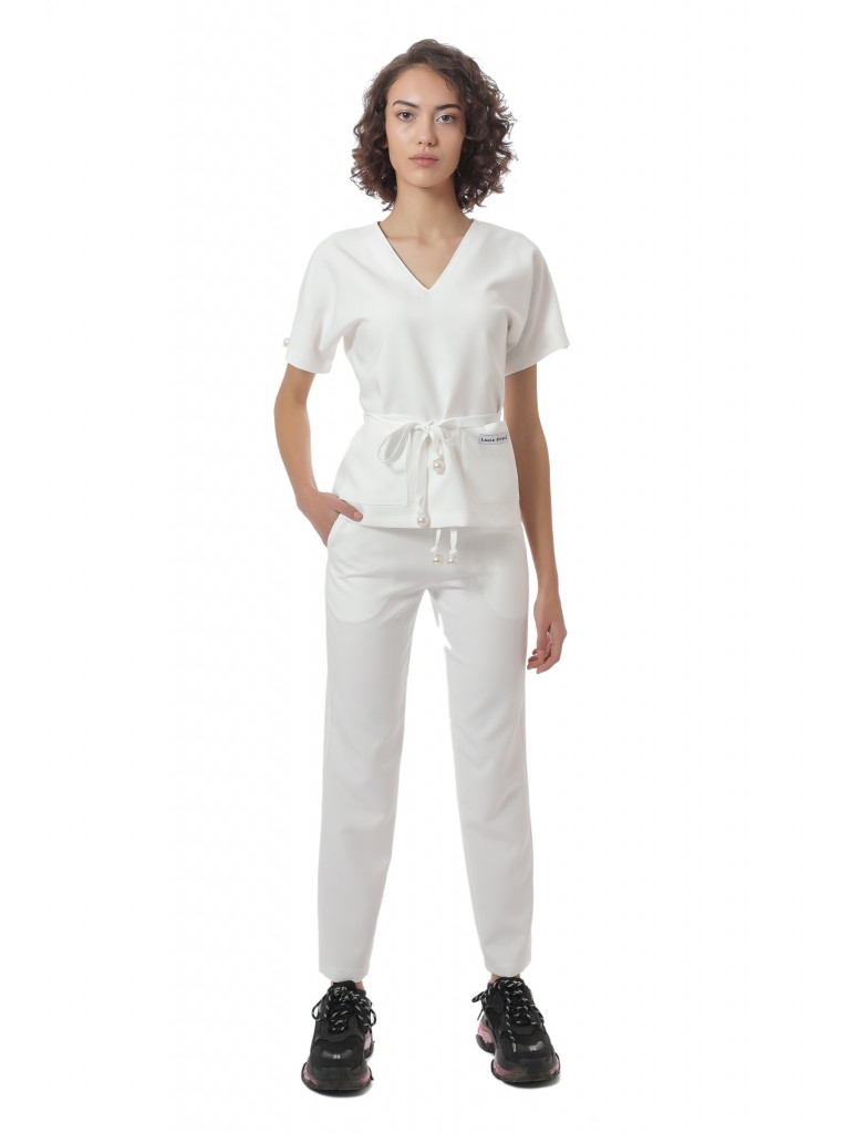 Uniforma medicala dama, Laura Olteanu, bluza-pantalon, alb