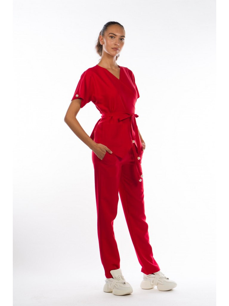      Uniforma medicala dama, Laura Olteanu, bluza petrecuta-pantaloni, rosu