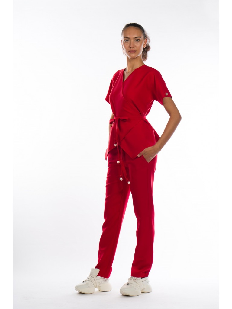      Uniforma medicala dama, Laura Olteanu, bluza petrecuta-pantaloni, rosu