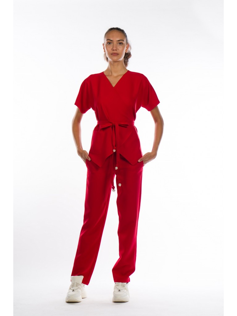      Uniforma medicala dama, Laura Olteanu, bluza petrecuta-pantaloni, rosu