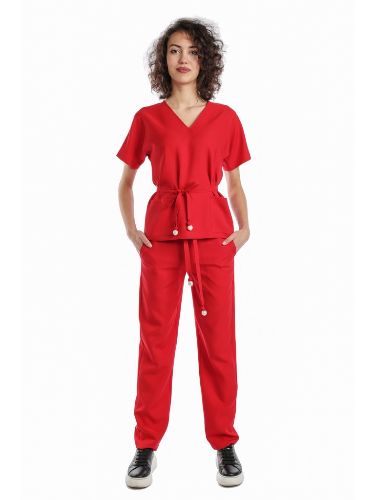 Uniforma medicala dama, Laura Olteanu, bluza-pantalon, rosu