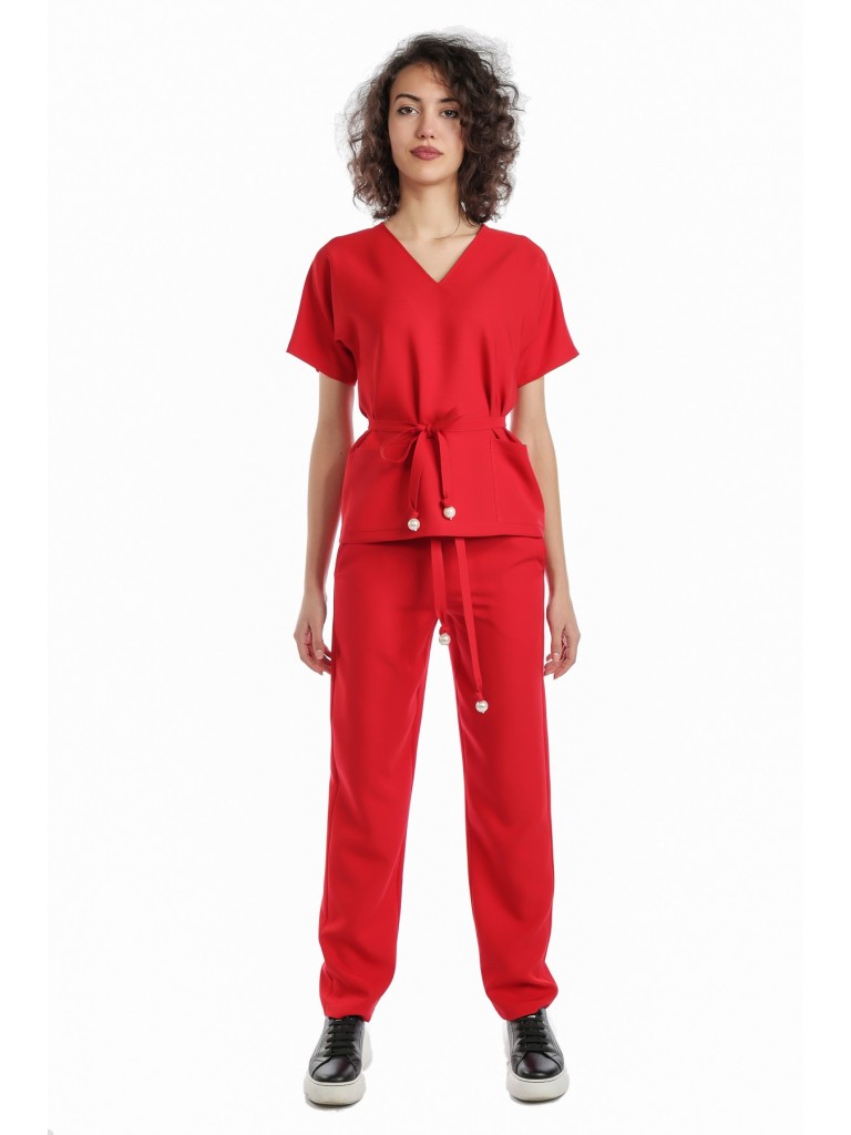 Uniforma medicala dama, Laura Olteanu, bluza-pantalon, rosu