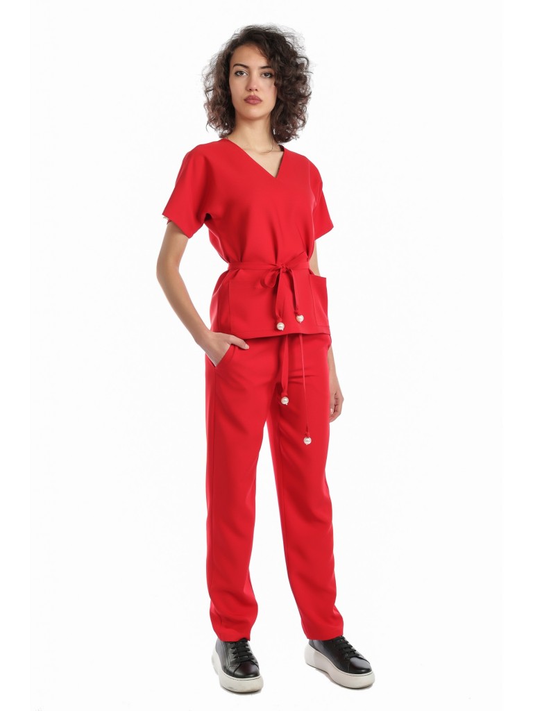 Uniforma medicala dama, Laura Olteanu, bluza-pantalon, rosu