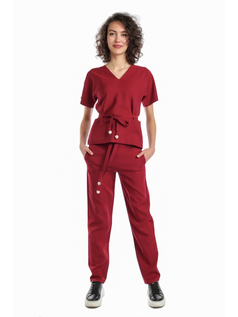 Uniforma medicala dama, Laura Olteanu, bluza-pantalon, visiniu