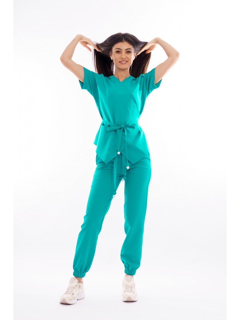 Costum medical dama, bluza-pantaloni, turcoaz deschis