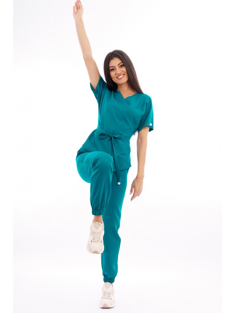 Costum medical dama, bluza-pantaloni, turcoaz inchis