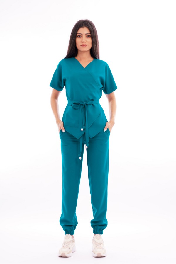 Costum medical dama, bluza-pantaloni, turcoaz inchis 