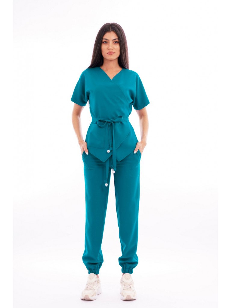 Costum medical dama, bluza-pantaloni, turcoaz inchis 