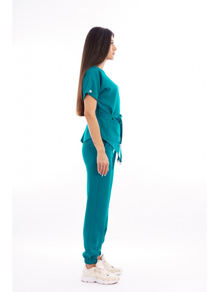 Costum medical dama, bluza-pantaloni, turcoaz inchis