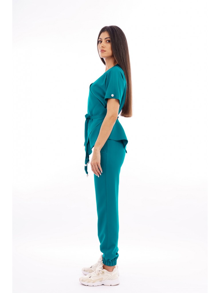 Costum medical dama, bluza-pantaloni, turcoaz inchis