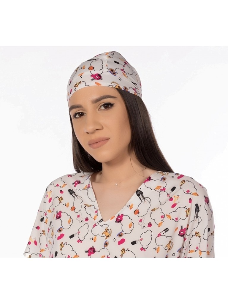 Costum medical dama, Laura Olteanu, bluza-pantalon-bandana, ciclam