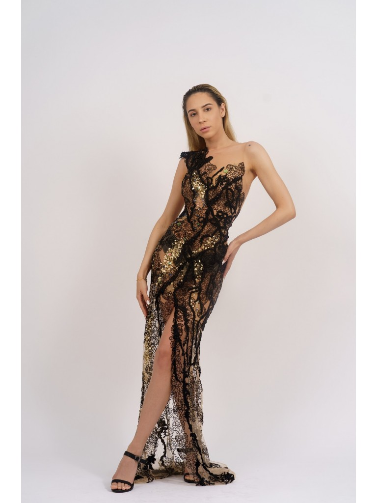 Rochie lunga plasa brodata cu margele si paiete