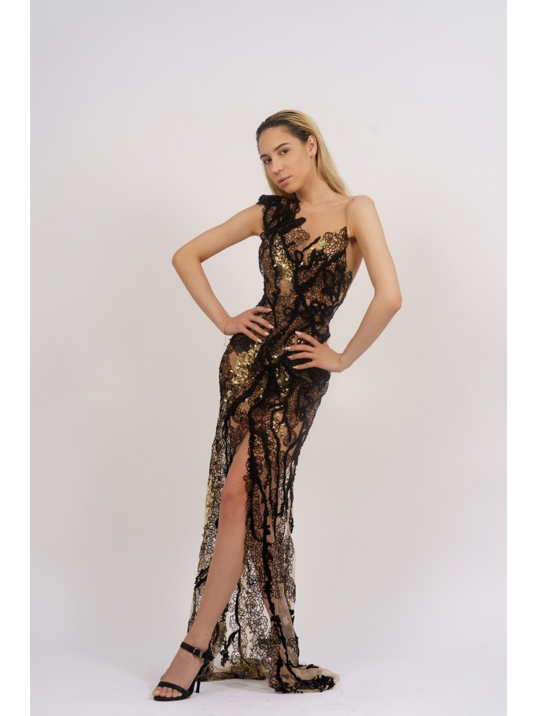 Rochie lunga plasa brodata cu margele si paiete