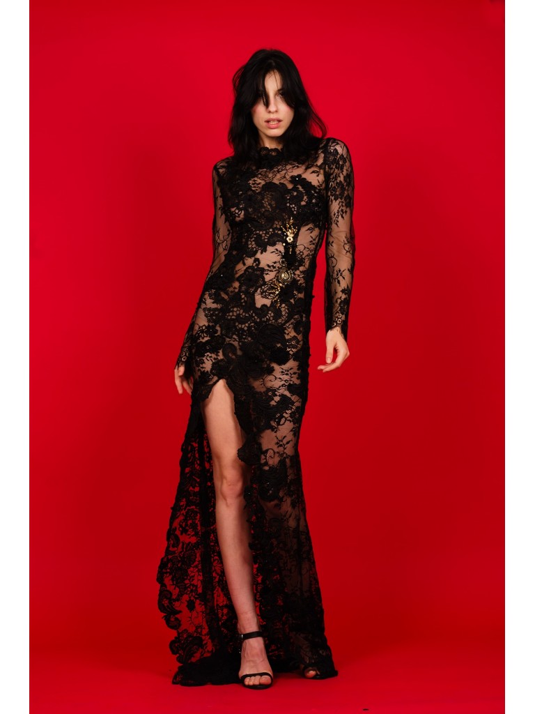 Rochie lunga dantela neagra